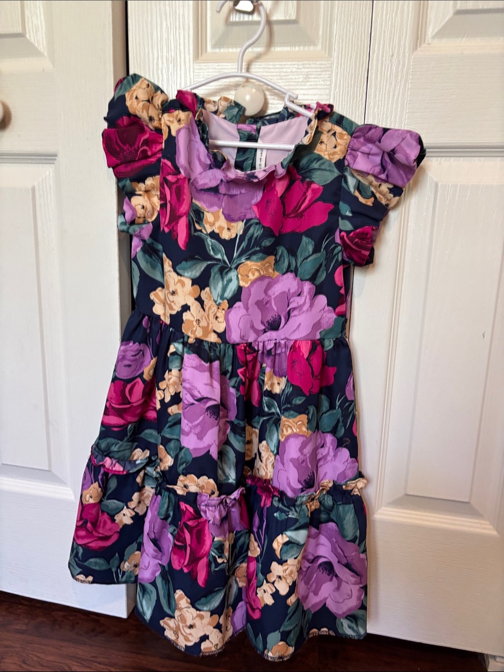 Janie and Jack Navy Floral Flutter Sleeve Dress - Purple, Pink & Yellow